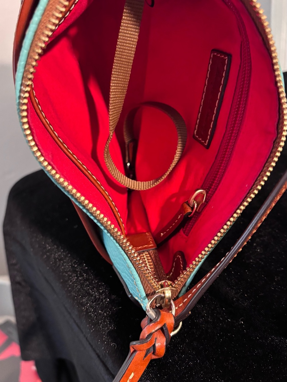 Dooney & Bourke Aqua Pebbled Leather Crossbody with Tan Trim - Picture 7 of 11